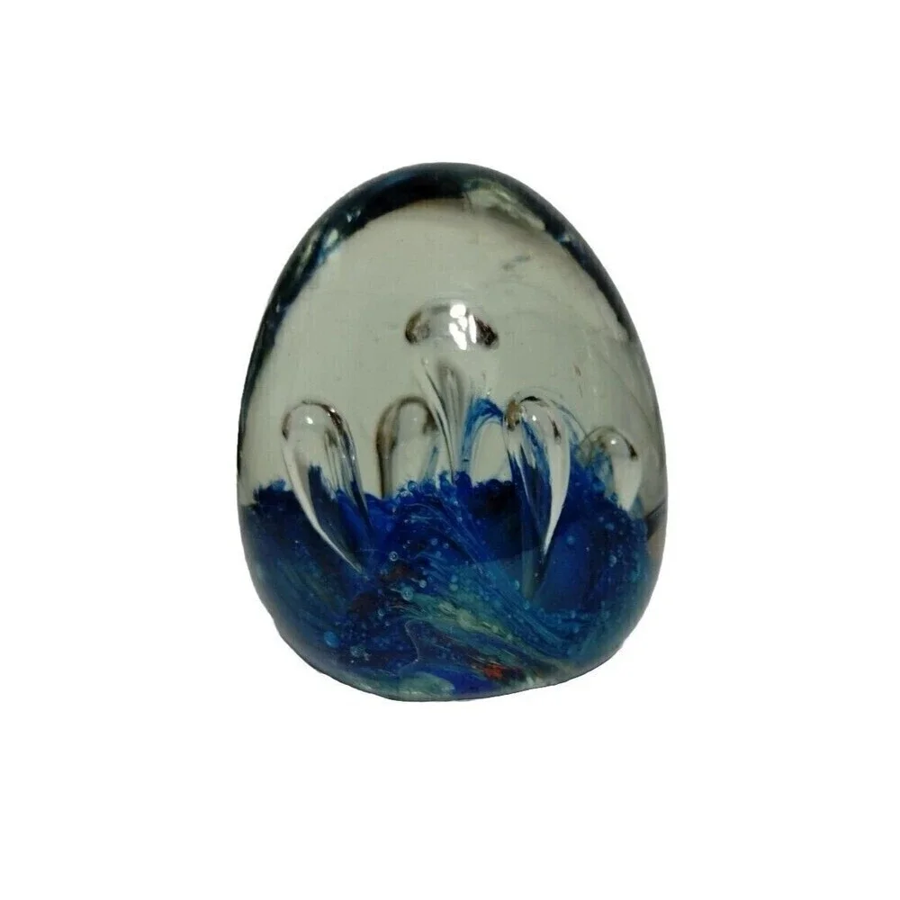 Blue Egg Shape Art Glass Paperweight Controlled Bubbles Design‎ Handcrafted
